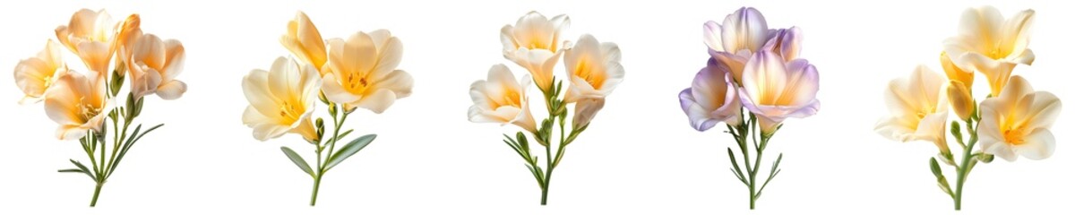 Fototapeta premium Set, Group of Freesia flower Isolated on Transparent Background PNG Image.