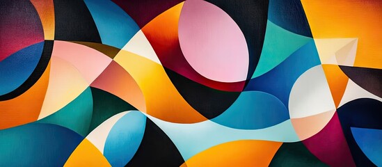 Fototapeta premium Vibrant abstract background featuring dynamic shapes in orange, pink, teal, and blue, creating a visually engaging composition of shifting forms.