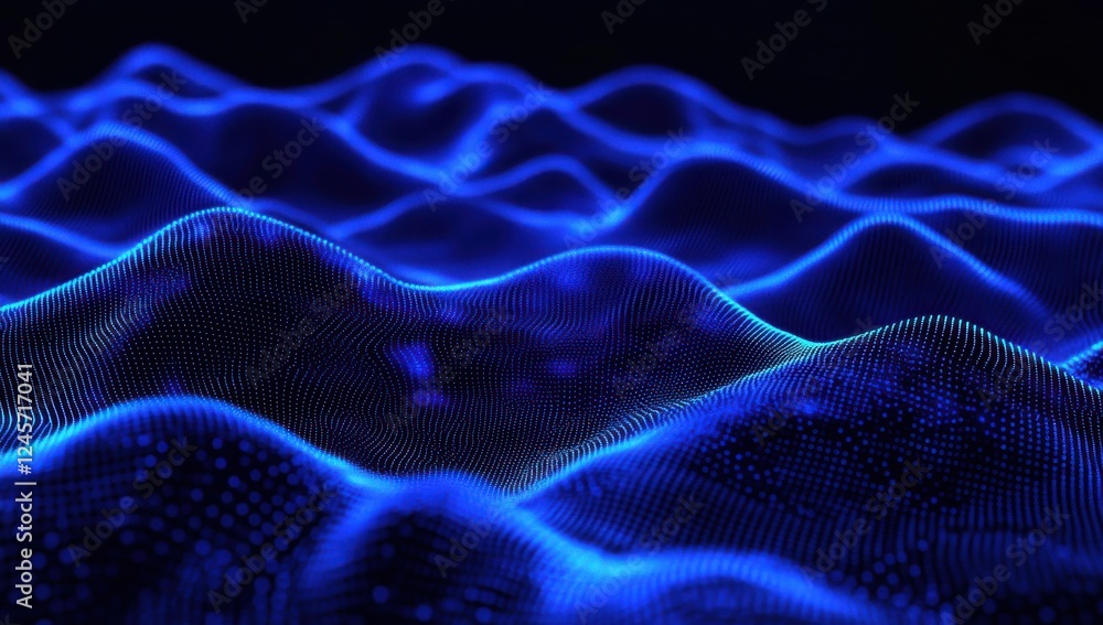 Poster abstract digital waves in glowing blue tones creating a vibrant pattern of light and depth in a futu