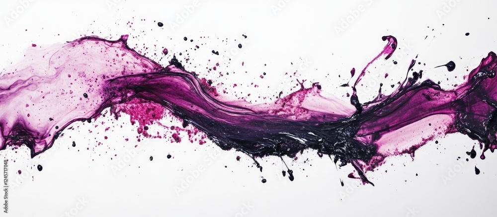 Poster vibrant purple and black ink splashes create dynamic flowing patterns against a white background, sh