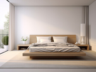 Serene Minimalist Bedroom with Natural Light and Wooden Platform Bed