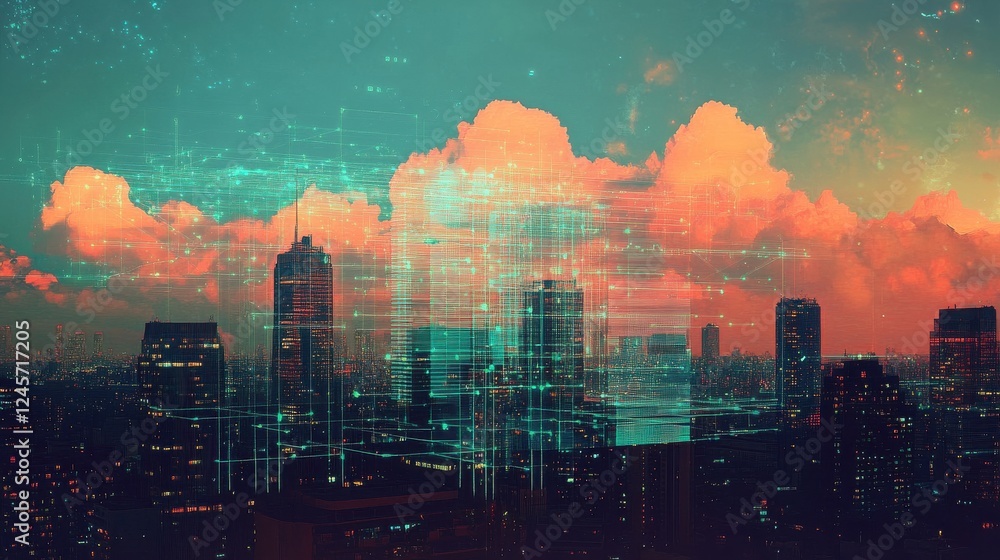 Poster abstract cityscape with digital vibes and colorful clouds at dusk