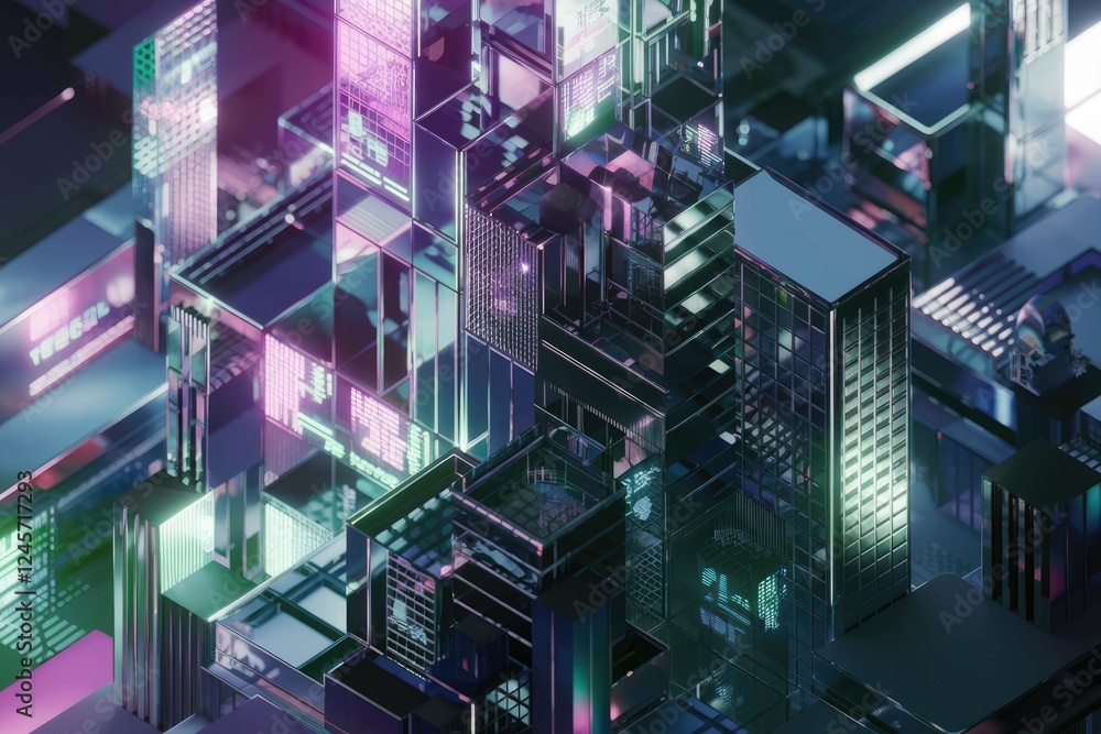 Poster a futuristic cityscape composed of interconnected, glowing glass skyscrapers, displaying intricate d