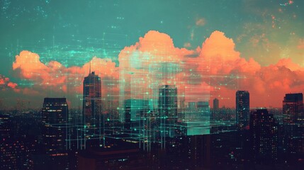 Fototapeta premium Abstract Cityscape with Digital Vibes and Colorful Clouds at Dusk