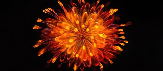 Vibrant explosion of orange and yellow hues radiating from a central point against a black background, creating a mesmerizing floral shape.