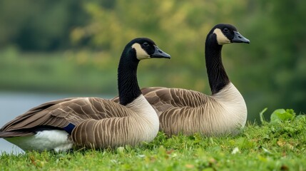 Obraz premium Two Canada Geese Resting in Grass