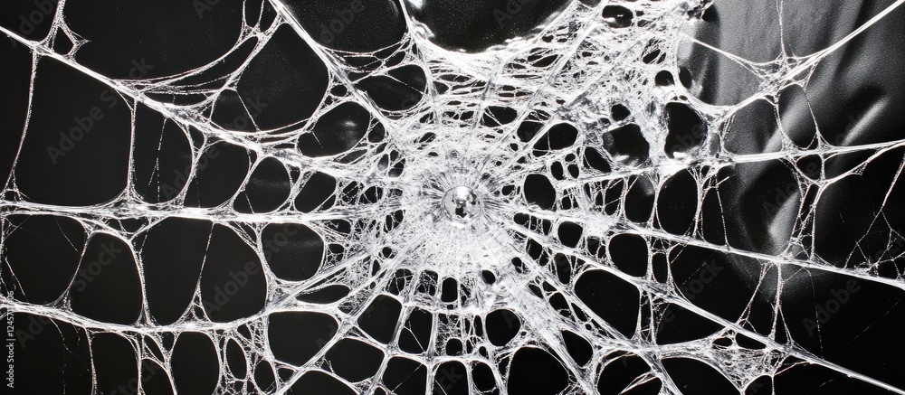 Poster intricate abstract cobweb design in shimmering silver on a dark background, showcasing detailed inte