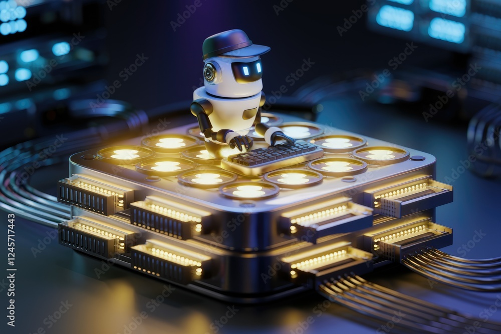 Poster a cute robot diligently works on a complex server, processing data and powering the digital world.