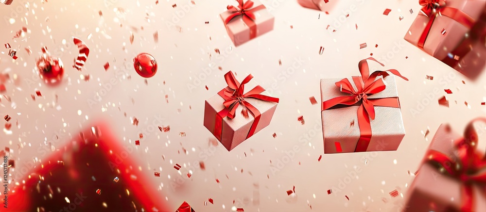 Poster digital gift boxes with red ribbons floating in a festive confetti-filled background create a vibran