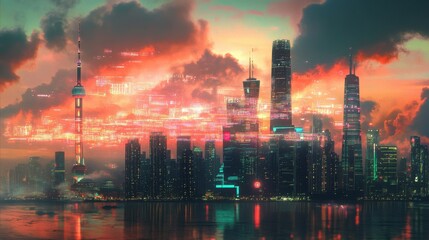 Fototapeta premium Vibrant City Skyline at Sunset with Digital Overlay Effect