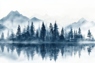 Misty pine forest reflected in calm lake  
