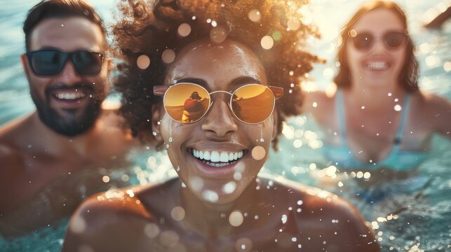 Diverse friends joyfully splashing in ocean waves on a sunny beach, embracing summer fun together