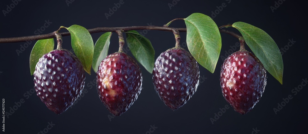 Poster realistic 3d rendering of cherubi fruit cluster with deep purple hues and detailed texture on dark b