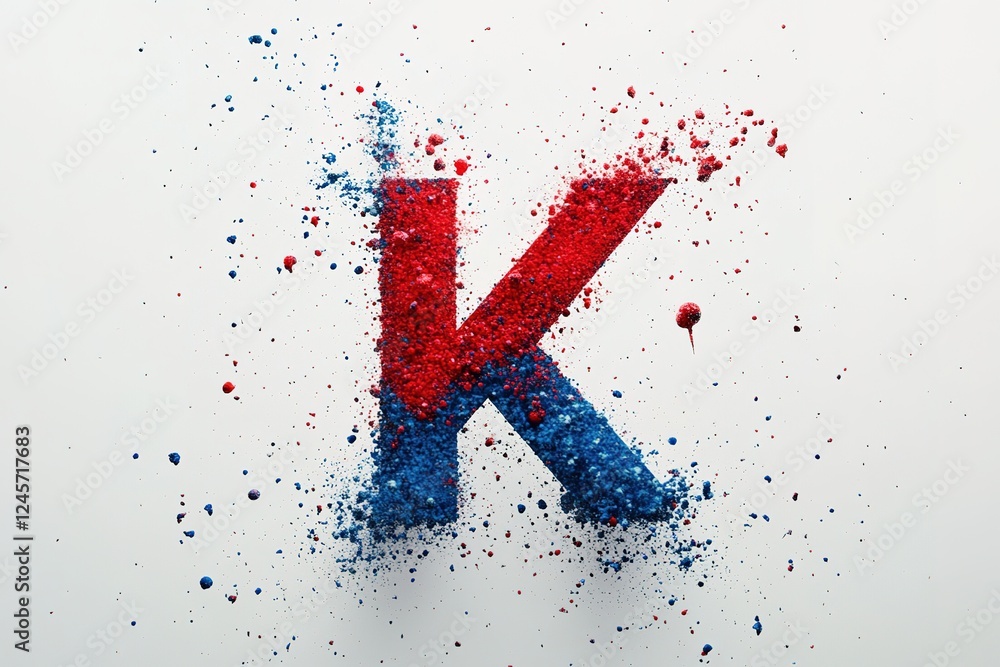 Poster abstract kinetic energy: red and blue particle burst forming k. dynamic design element perfect for t