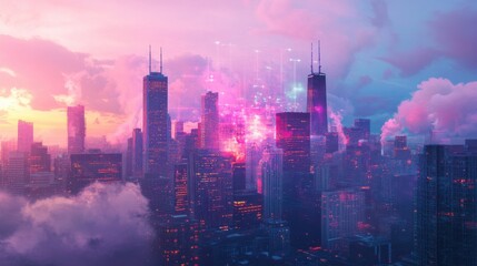 Fototapeta premium Futuristic Cityscape with Vibrant Colors and Digital Elements at Dusk