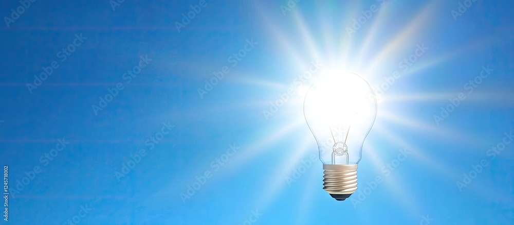 Poster bright lightbulb symbolizing creativity and innovation against a solid blue background with sunburst