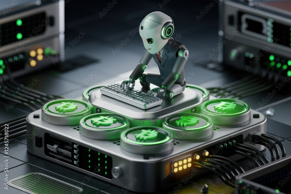 Poster A robot sits at a keyboard, mining Bitcoin on a server rack, symbolizing automated cryptocurrency operations.