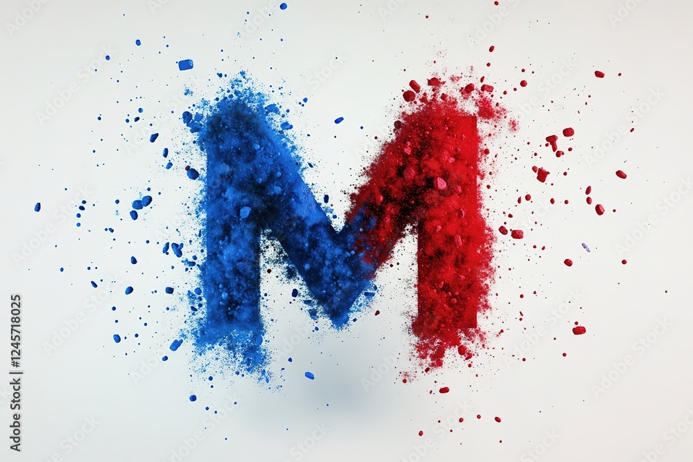 Poster abstract dynamic m logo: red and blue particle design. perfect for tech, gaming, science, or modern 