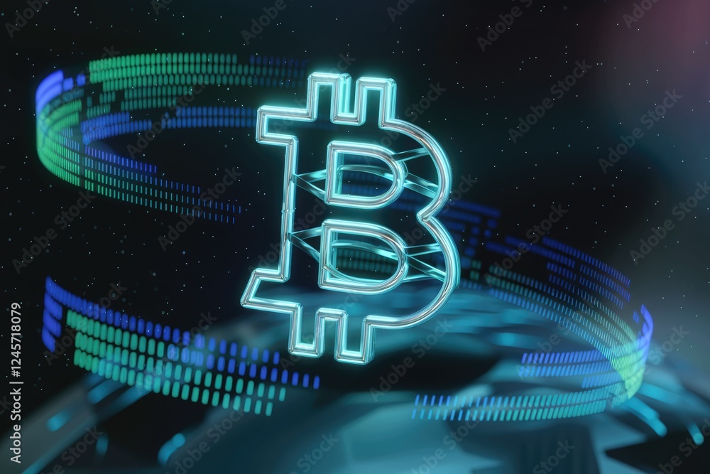 Poster a glowing bitcoin symbol is displayed against a backdrop of swirling, neon-colored data streams.