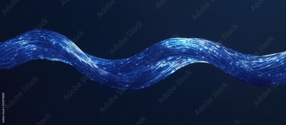Poster blue network cable gracefully undulating against a dark background with shimmering light reflections