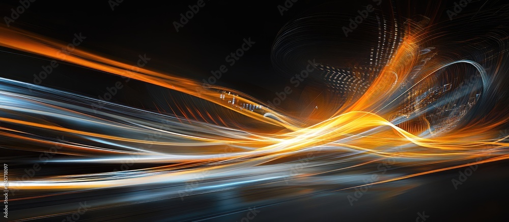 Poster dynamic interplay of blue and orange light streaks against a dark background creating a captivating 