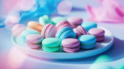 Obraz premium A plate of colorful pastel macarons, a delightful French treat.