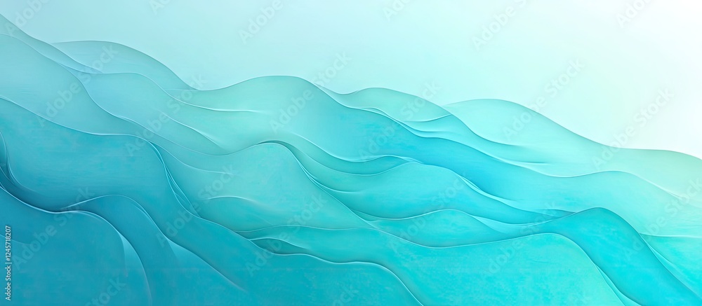 Poster soft flowing turquoise waves layered in gradient tones against a light blue background creating a se