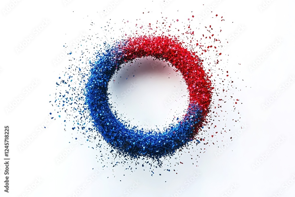 Poster abstract red and blue particle formation: dynamic o, technology concept. futuristic design element. 