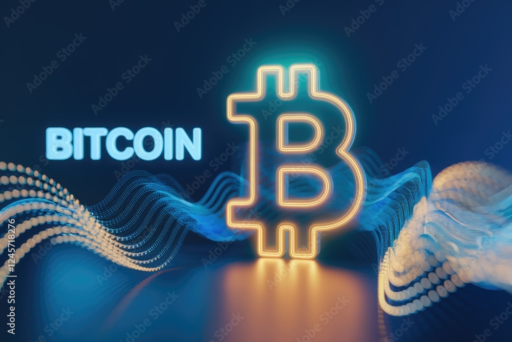 Poster Neon Bitcoin symbol with flowing data streams, representing digital currency and blockchain technology.