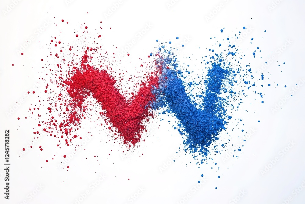 Poster abstract particle design: vibrant red and blue particles forming a dynamic w shape, ideal for scienc