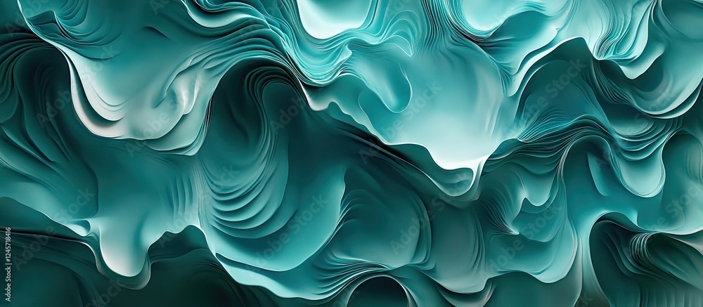Poster teal and white swirling abstract waves with soft textures, flowing from the left to the right, creat
