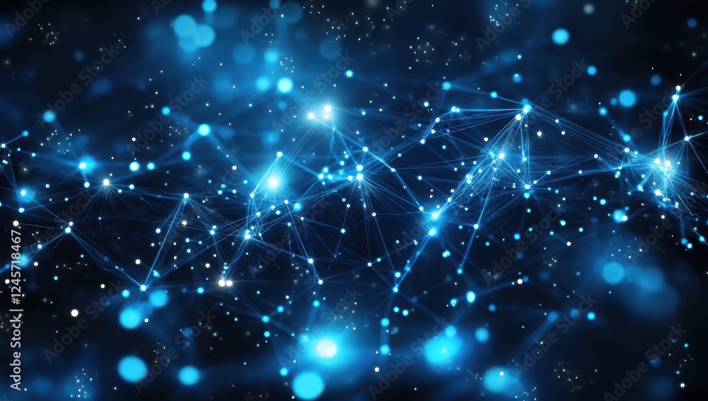 Poster abstract futuristic technology background with glowing blue dots and connecting lines over dark spac