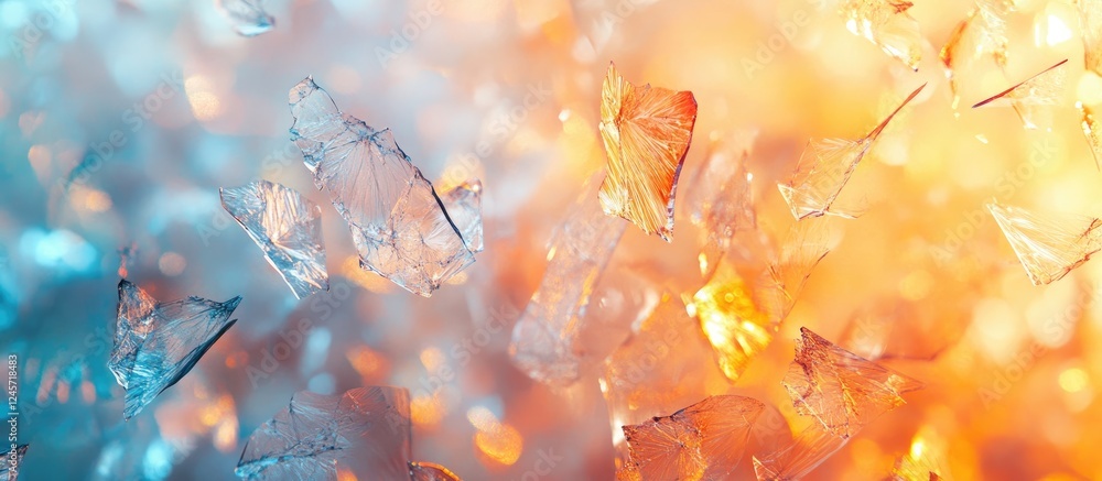 Poster ethereal background showcasing translucent shards of glass in blue and orange tones, creating a myst