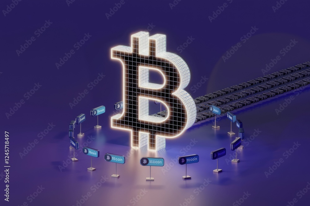 Poster a glowing bitcoin symbol is surrounded by smaller bitcoin signs, suggesting cryptocurrency transacti