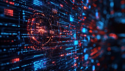 Obraz premium Abstract futuristic digital technology background with glowing lines, dots, and data streams in blue and red hues illustrating virtual networks and communication