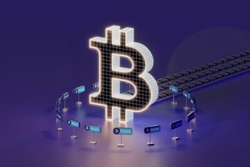 A glowing Bitcoin symbol is surrounded by smaller Bitcoin signs, suggesting cryptocurrency transactions and network activity.