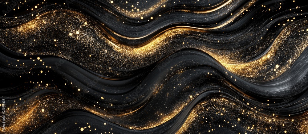 Poster abstract black and gold glitter background with wavy patterns and shimmering textures creating a lux