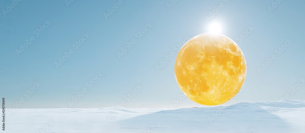 Aufkleber bright yellow moon rising in a clear blue sky with soft white snow in the foreground creating a sere