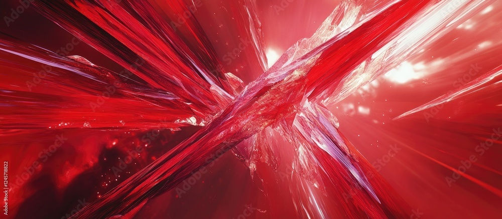 Poster dynamic abstract red and white crystal-like structures radiating from a central point, creating an e