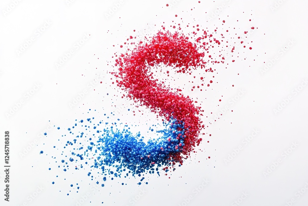 Poster abstract red and blue particle swoosh: dynamic energy, technology, and branding design element. perf