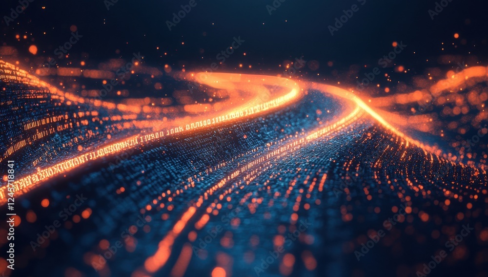 Aufkleber abstract glowing lines of data flowing through a digital landscape with bright particles and binary 