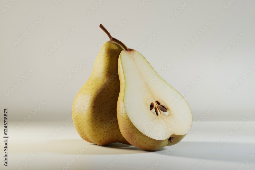 Poster a whole pear and a half pear are displayed on a light beige background, showcasing their natural bea