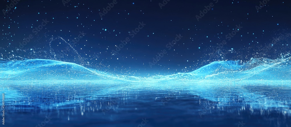 Poster dynamic blue water waves splashing against a dark backdrop with tiny particles creating a sense of m