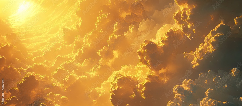 Poster golden sunlight streams through fluffy clouds creating a breathtaking sky with hues of yellow and or