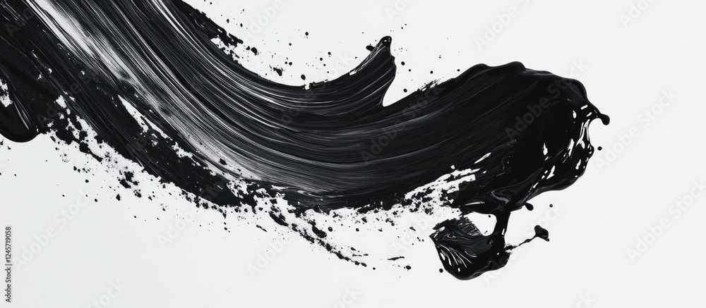 Poster dynamic black ink strokes with splatter on a crisp white background showcasing smooth curves and art
