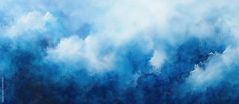 Poster blue and white abstract clouds with soft gradients filling the upper section of the image creating a