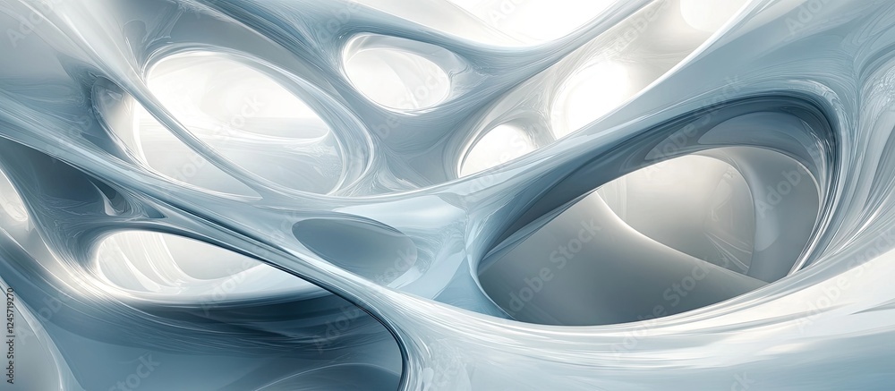 Poster abstract fluid shapes in shades of light blue and white, featuring smooth curves and varying oval cu