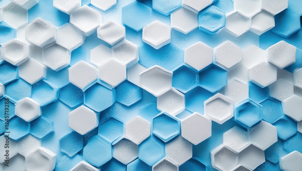 Poster abstract hexagonal pattern in blue and white tones featuring 3d geometric shapes and textile texture
