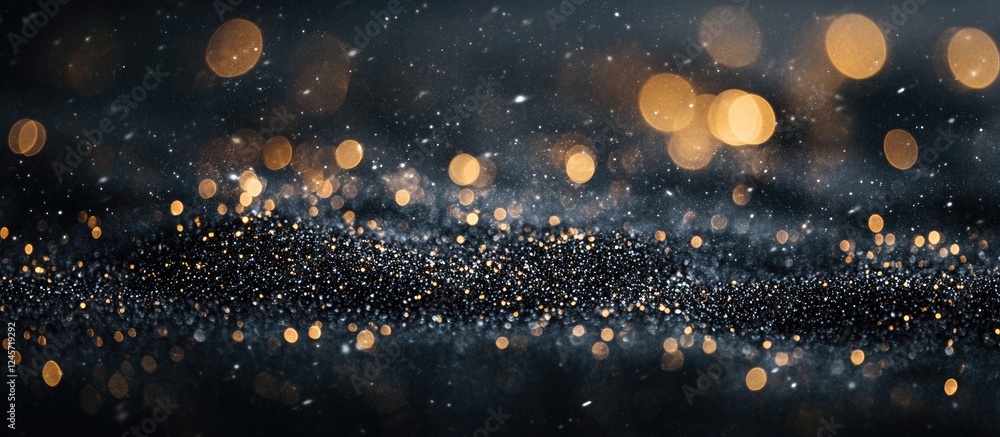Poster glittering grey and gold bokeh lights create a dreamy shimmer effect with a soft dark background set