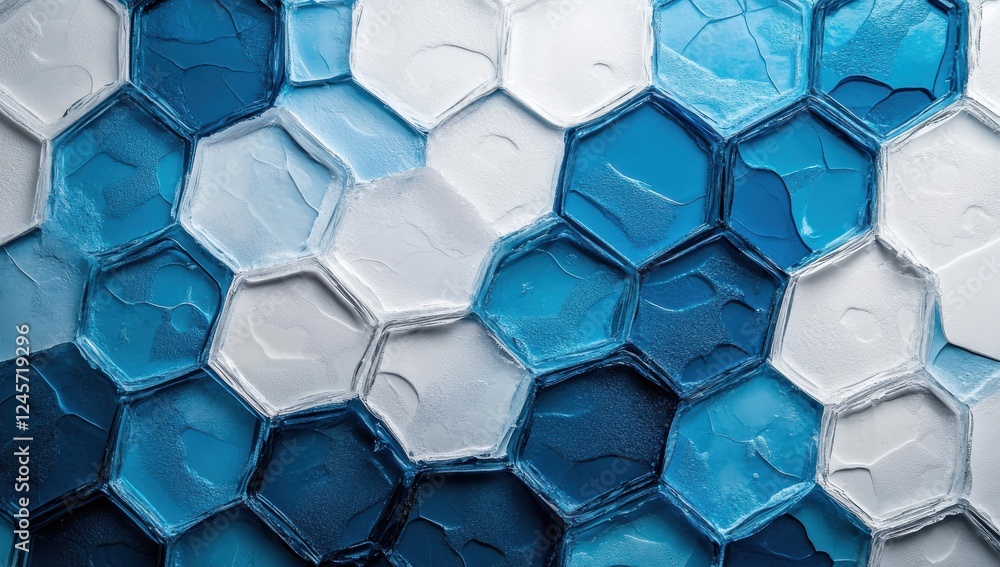 Poster abstract hexagonal pattern in shades of blue and white, showcasing texture and depth, perfect for ba